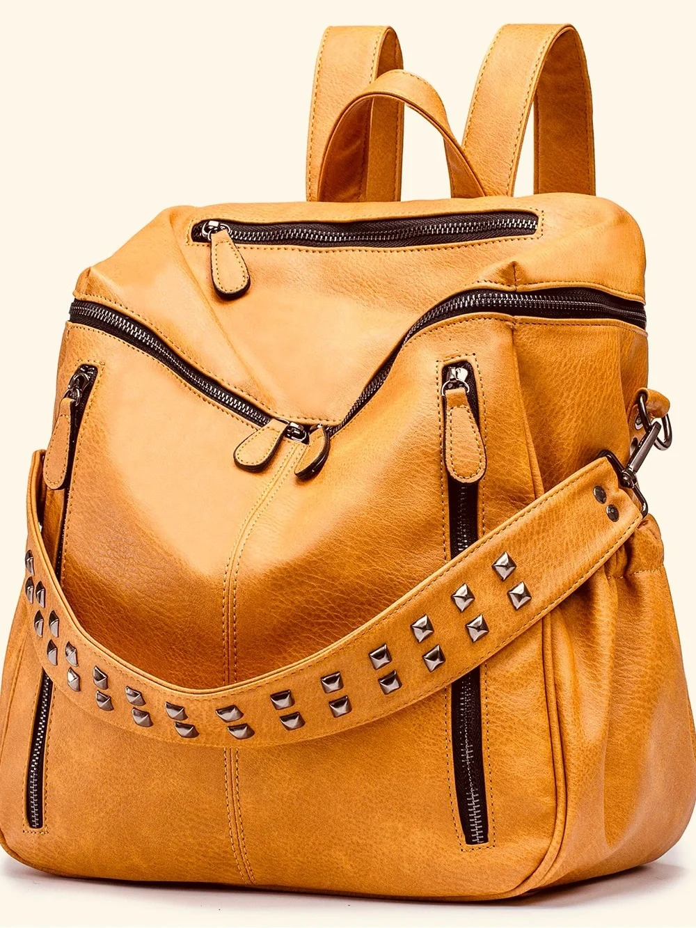 Stud-Accent Tan Vegan Leather Backpack